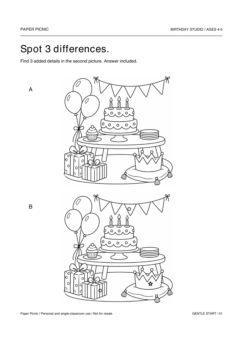 Birthday Studio Spot 3 differences printable