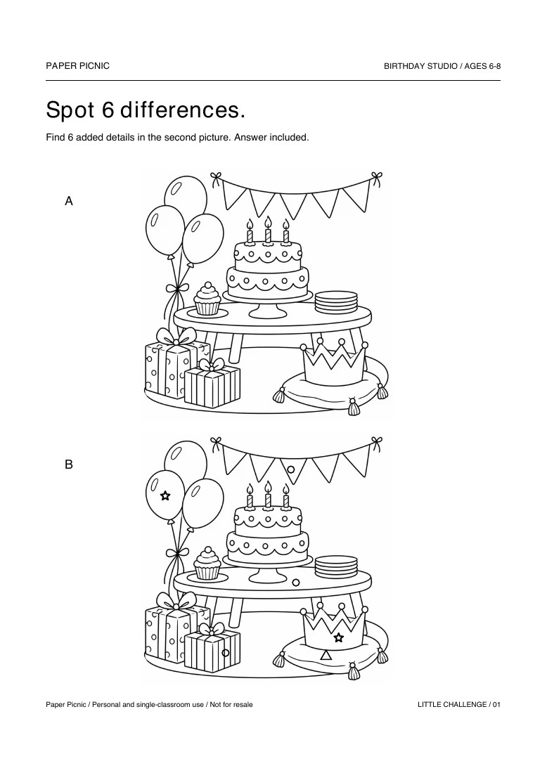 Birthday Studio Spot 6 differences printable