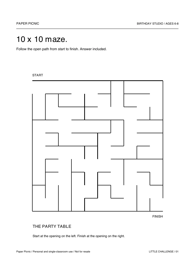 Birthday Studio 10 x 10 maze printable