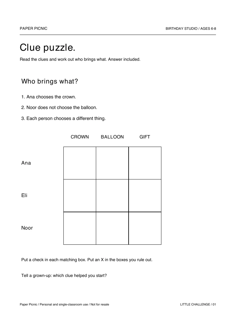 Birthday Studio Clue puzzle printable