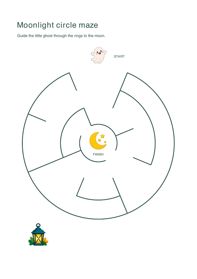 Moonlight circle maze printable page