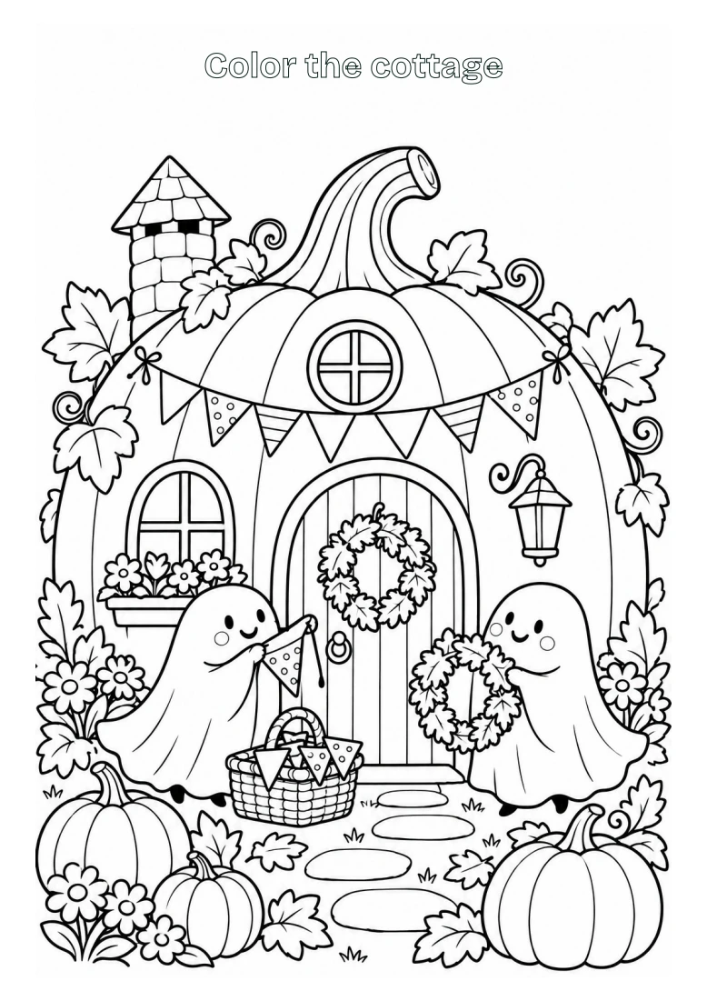 Pumpkin Picnic Pumpkin cottage coloring printable