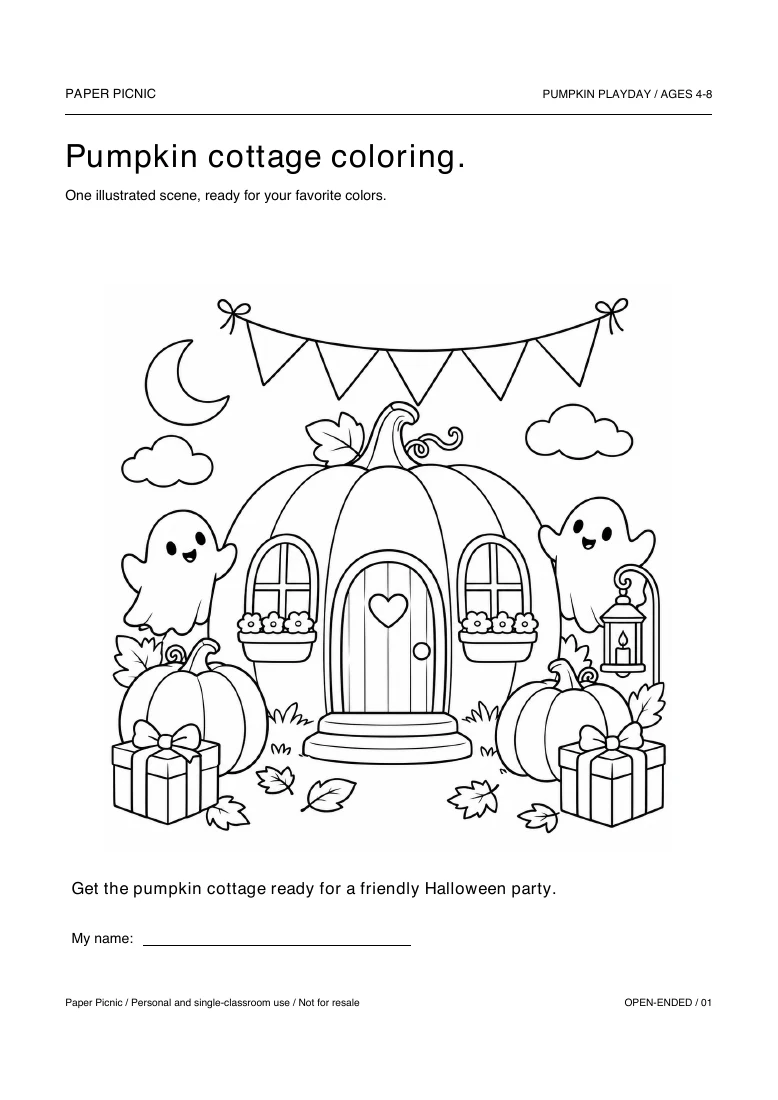 Pumpkin cottage coloring printable page