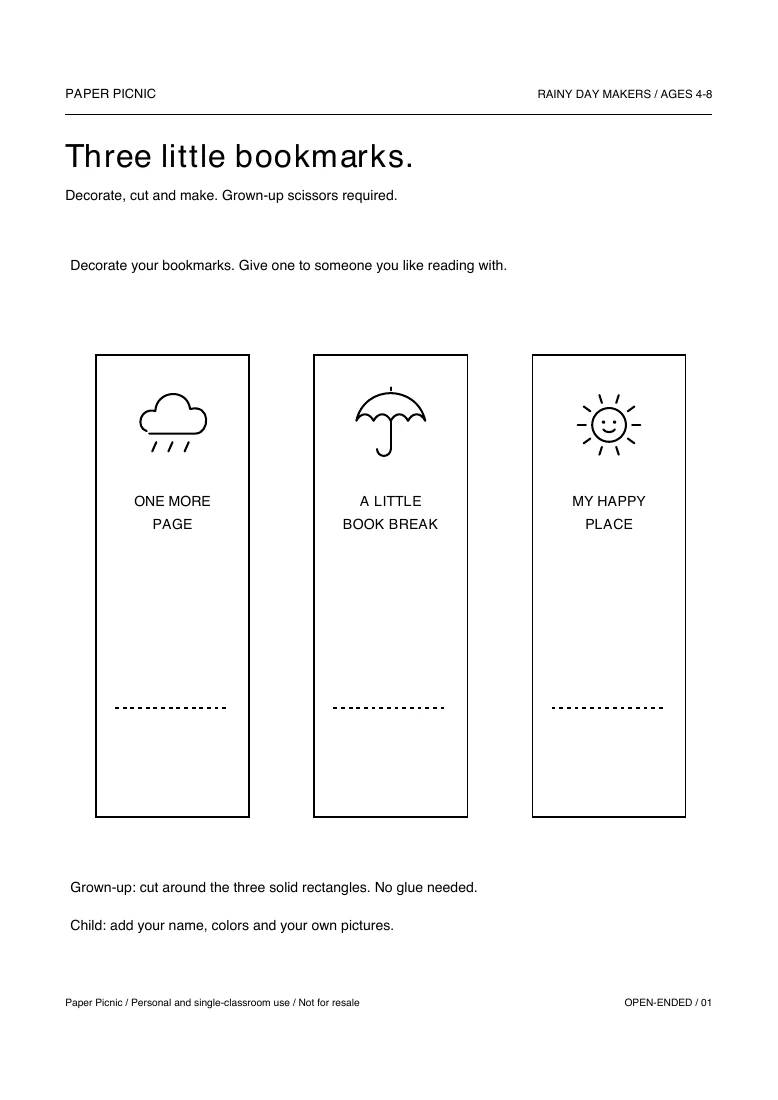 Rainy Day Makers Three little bookmarks printable