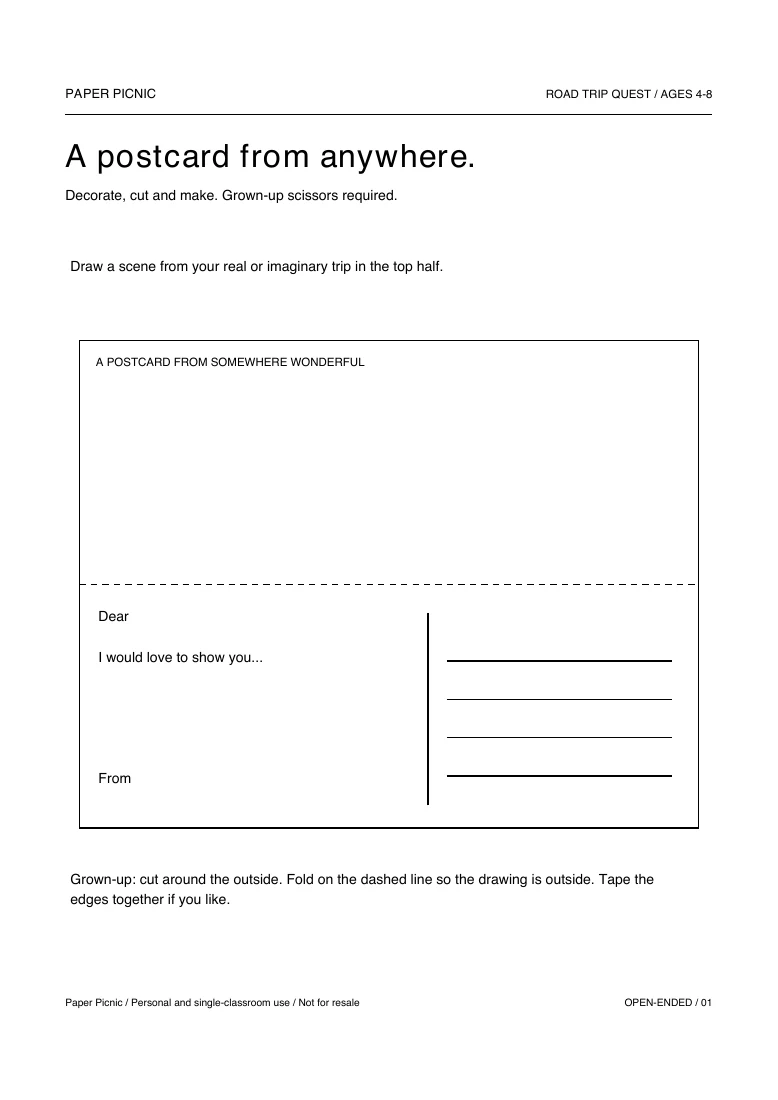 Road Trip Quest A postcard from anywhere printable