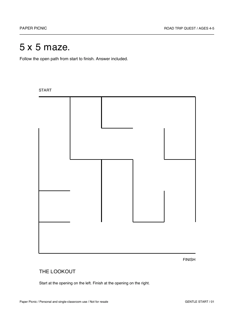 Road Trip Quest 5 x 5 maze printable