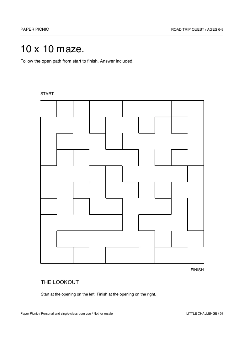 Road Trip Quest 10 x 10 maze printable